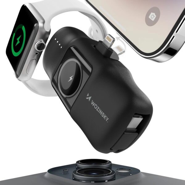 Lightning Mini Power Bank with Built-in USB-C Cable and Apple Watch Charger - Black